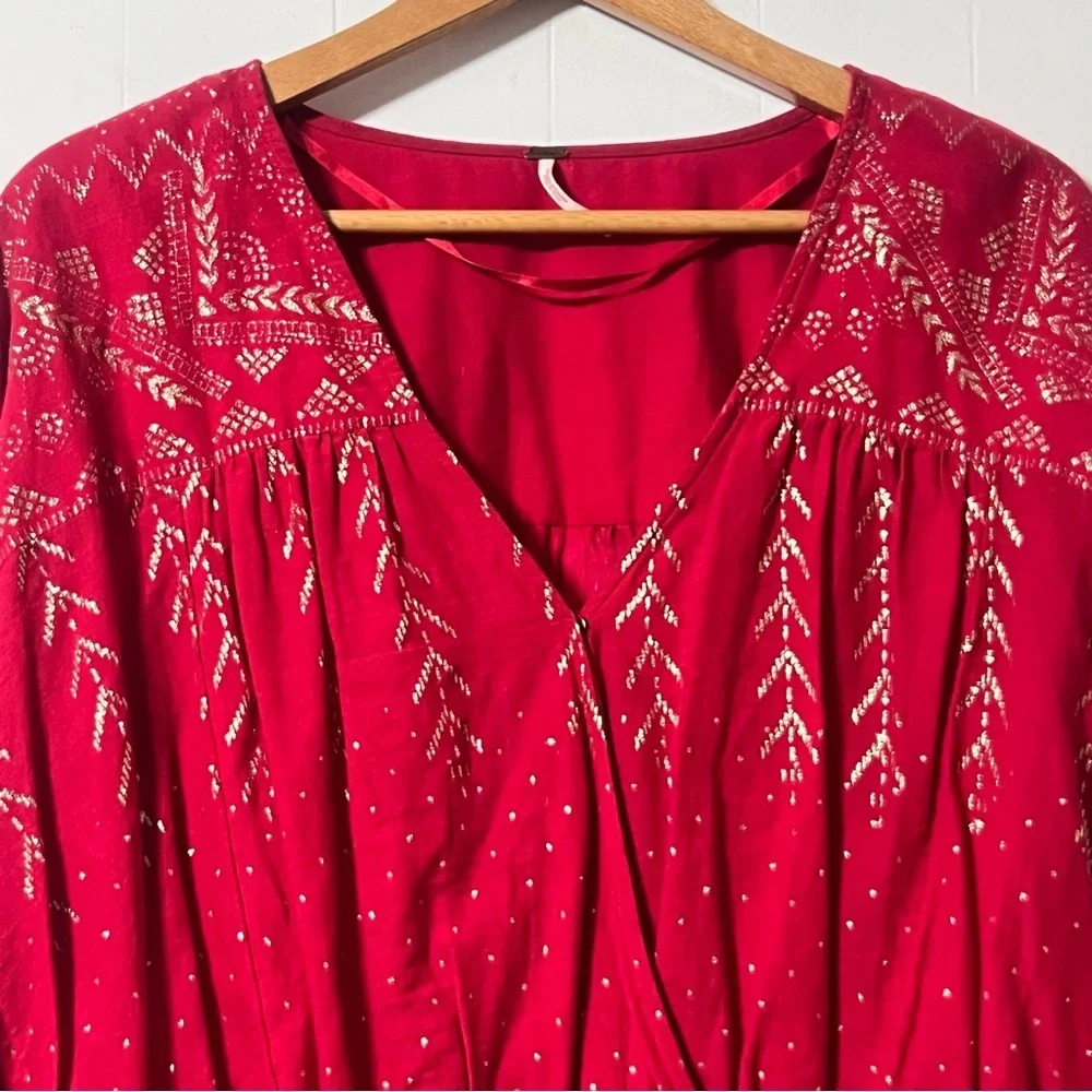 Free People Counting Stars Puff Sleeves Ruffle Hem Boho Peasant Top Size S